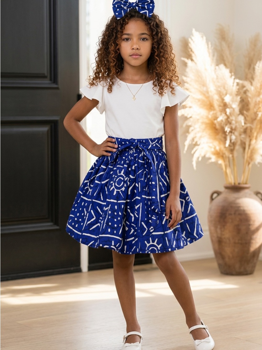 Girls Blue Printed Skirt with Bow Tie Waist with Head Wrap